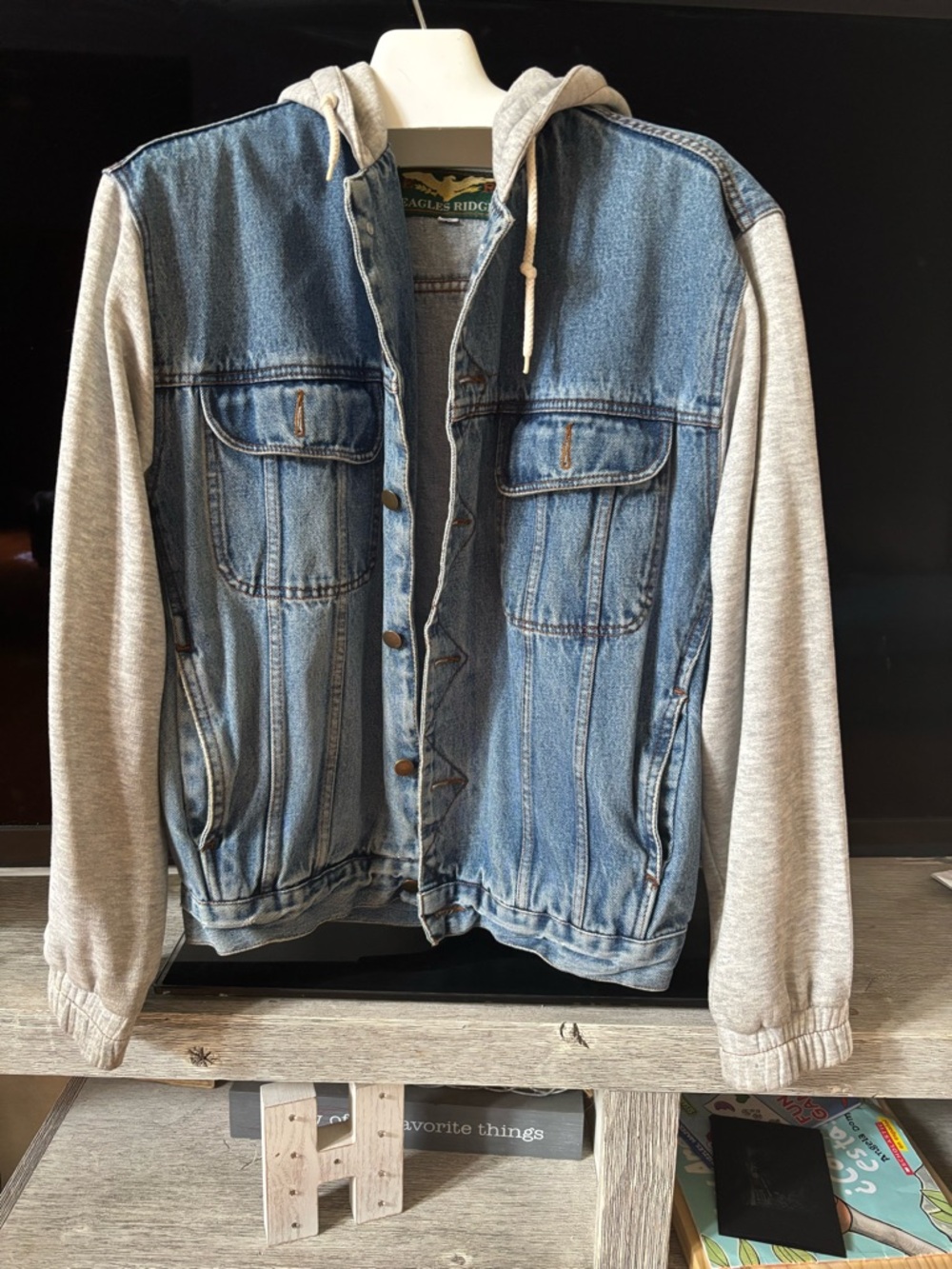 Light Blue Denim Bomber Jacket with Gray Hoodie - Picture 7 of 7